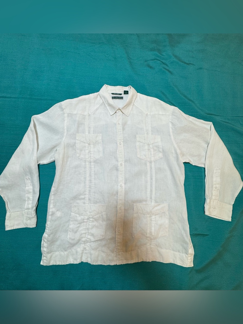 Cubavera White 100% Linen Casual Button-Down Shirt, L
